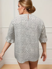  Dot Print Ruffle Trim Blouse Short Sleeve Top