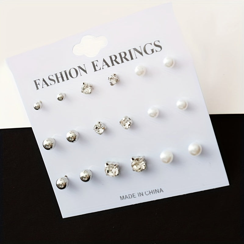 9 Pairs Round Faux Pearl Stud Earrings Set Silver Plated