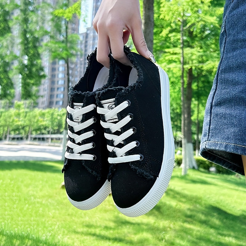 Women's Canvas Lace Up Low Top Sneakers - Casual Round Toe Flat Shoes
