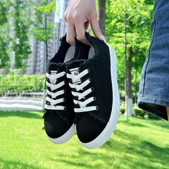 Women's Canvas Lace Up Low Top Sneakers - Casual Round Toe Flat Shoes