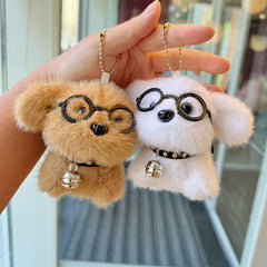 2pcs Puppy Glasses Plush Keychain Charm Soft Fluffy Ears & Expressive Eyes