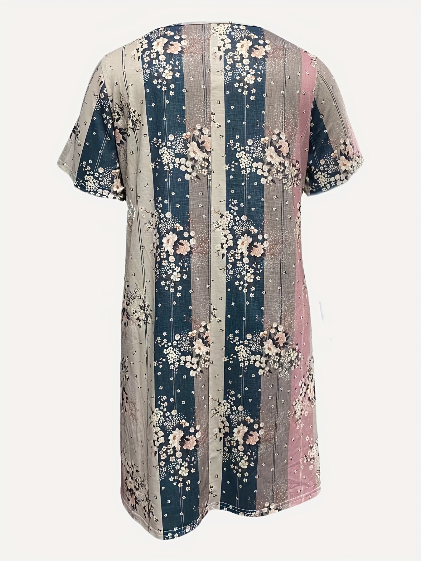  Floral Print Colorblock V Neck Short Sleeve Dress
