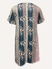  Floral Print Colorblock V Neck Short Sleeve Dress