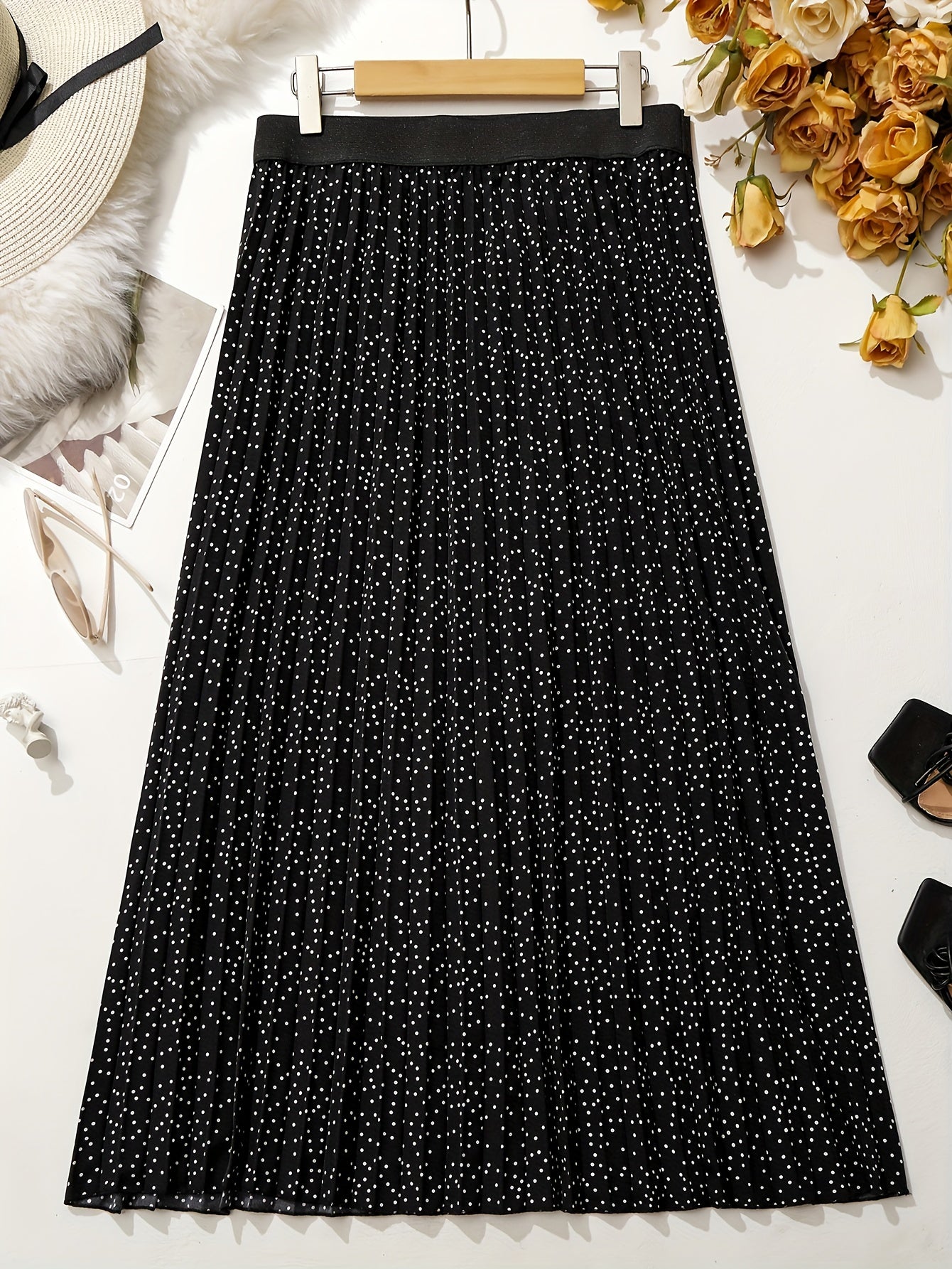  Polka Dot Print Elastic A line Pleated Skirt