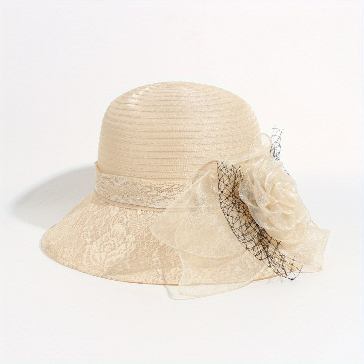 Embroidered Sun Hat Floral Decor Derby Hat Mesh Flower Bucket Hat