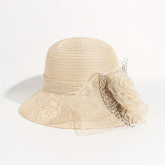 Embroidered Sun Hat Floral Decor Derby Hat Mesh Flower Bucket Hat