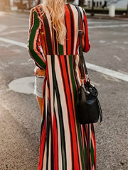  Colorblock Stripe Print Long Sleeve Cardigan