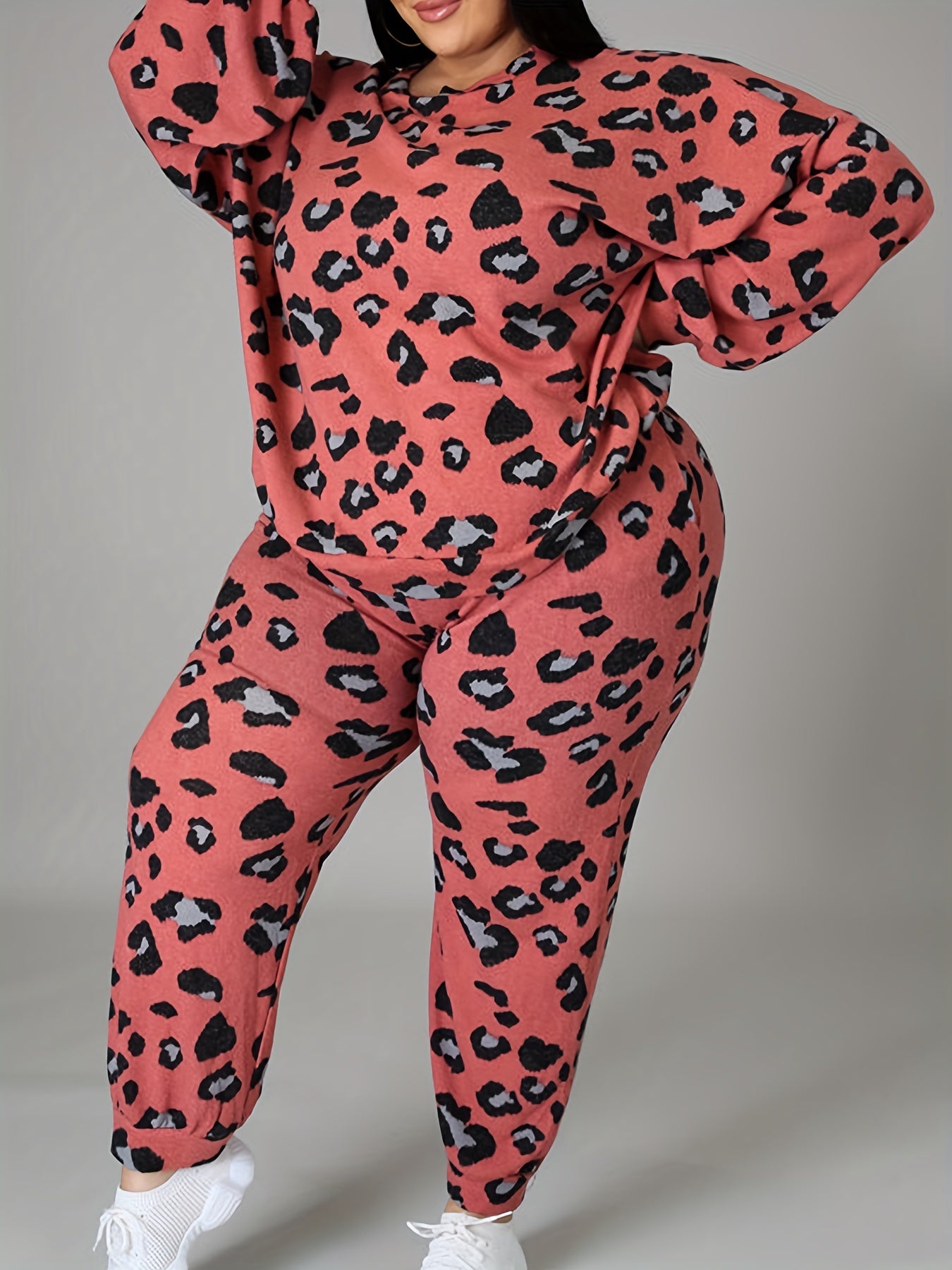  Leopard Print Lantern Sleeve Top & Joggers Set