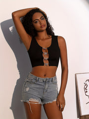 Butterfly Buckle Crew Neck Tank Top Sexy Sleeveless Crop Tank Top