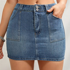 High Waist A-Line Denim Skirt with Pockets