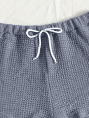 Solid Lounge Set Crew Neck Long Sleeve Top & Elastic Waistband Shorts
