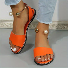 Women's Faux Pearl Ankle Strap Flat Sandals