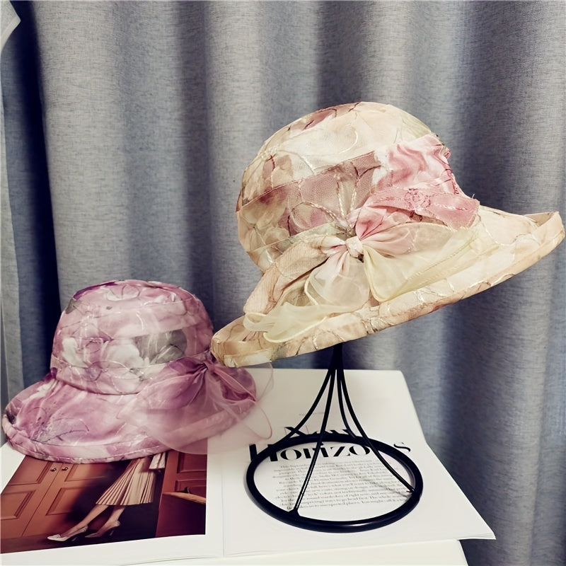 Flower Print Bucket Hat Ribbon Bow Decor Sun Hats Lightweight