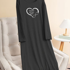  Casual Lounge Dress Women's Plus Letter & Heart Print Tee Sleep Dress