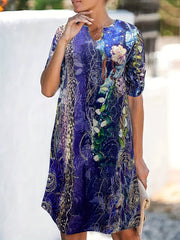  Floral Print Short Sleeve Notched Neck Dress