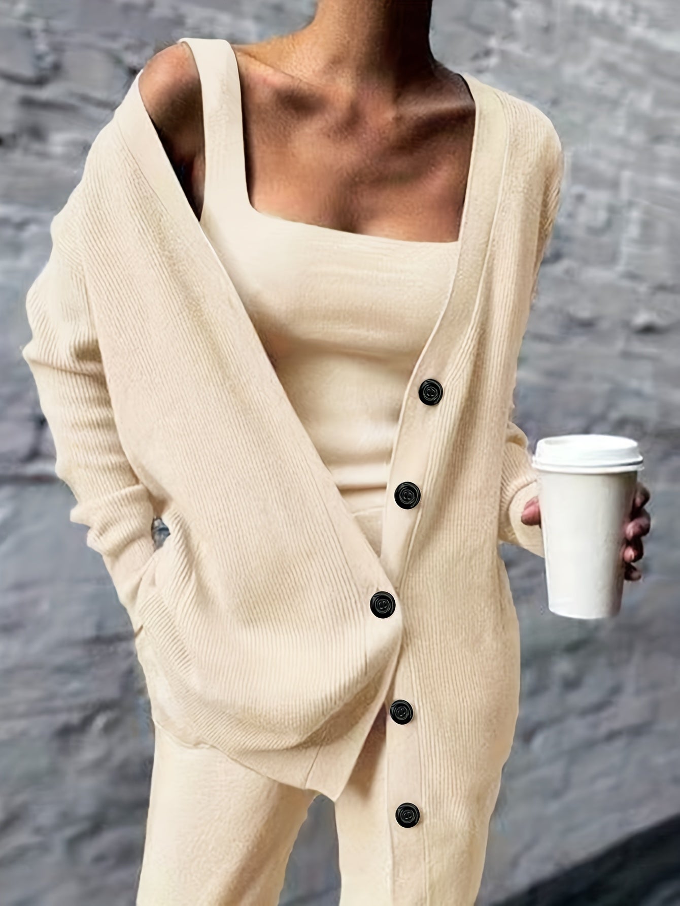  Solid Long Sleeve Button Up V Sweater