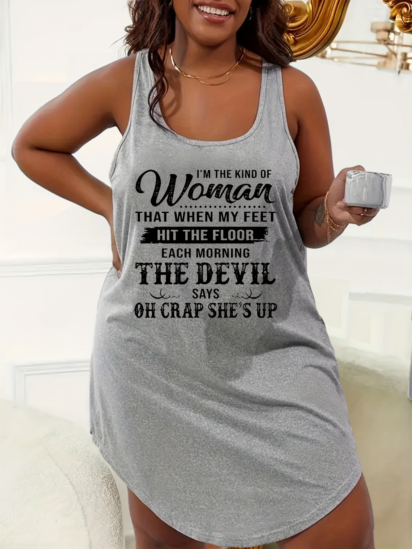  Casual Nightdress Women's Plus Letter Print Racer Back Tank Sleep Dres