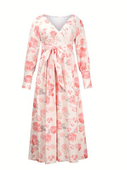 Floral Print Lantern Sleeve Split Dress With Belt