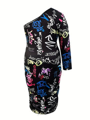  Graffiti Print One Shoulder Midi Dress