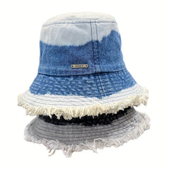 Gradient Washed Denim Bucket Hat Vintage Frayed Brim Tie Dye Sunshade Cap