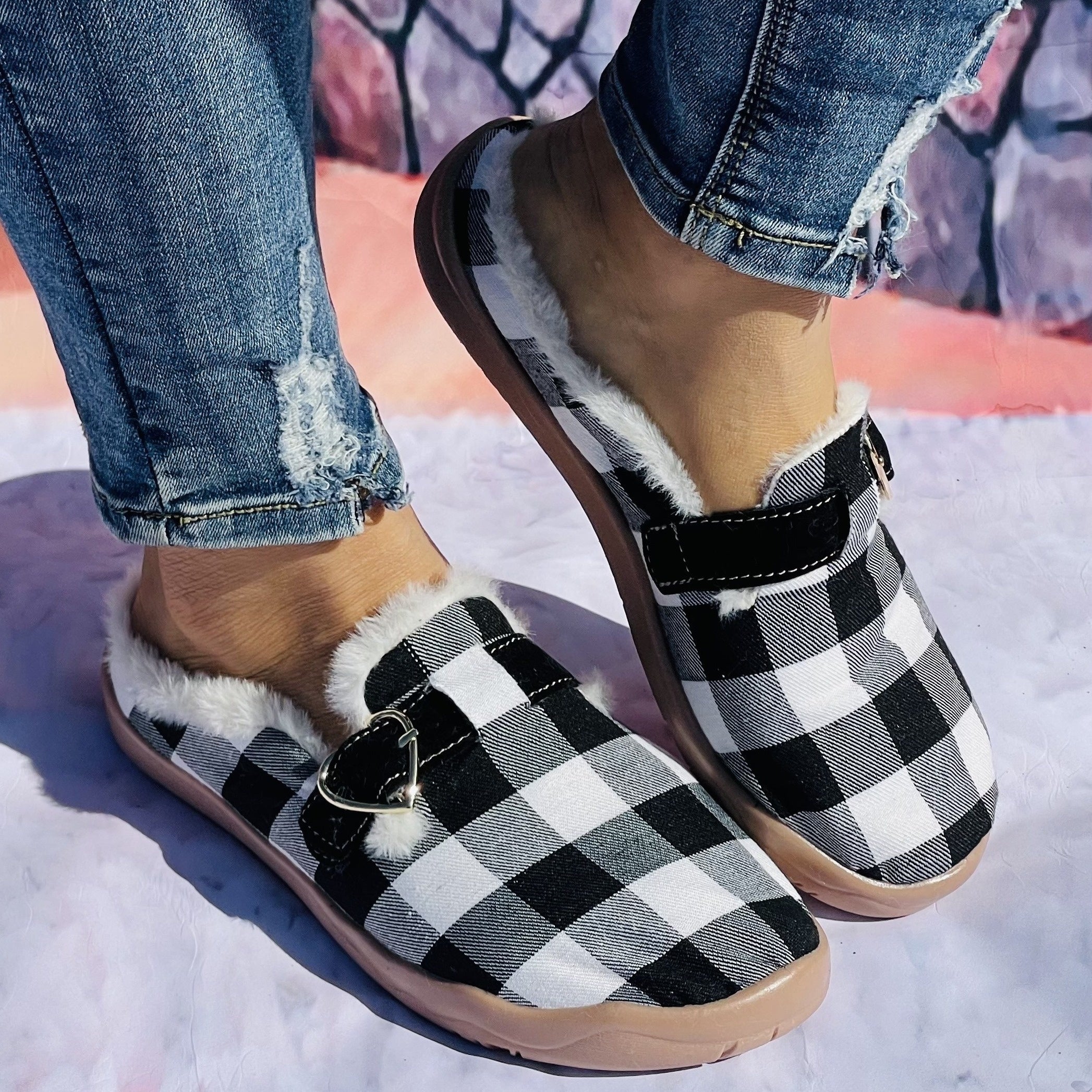 Winter Christmas Women's Plaid Furry Slippers Soft Comfortable Canvas Shoes