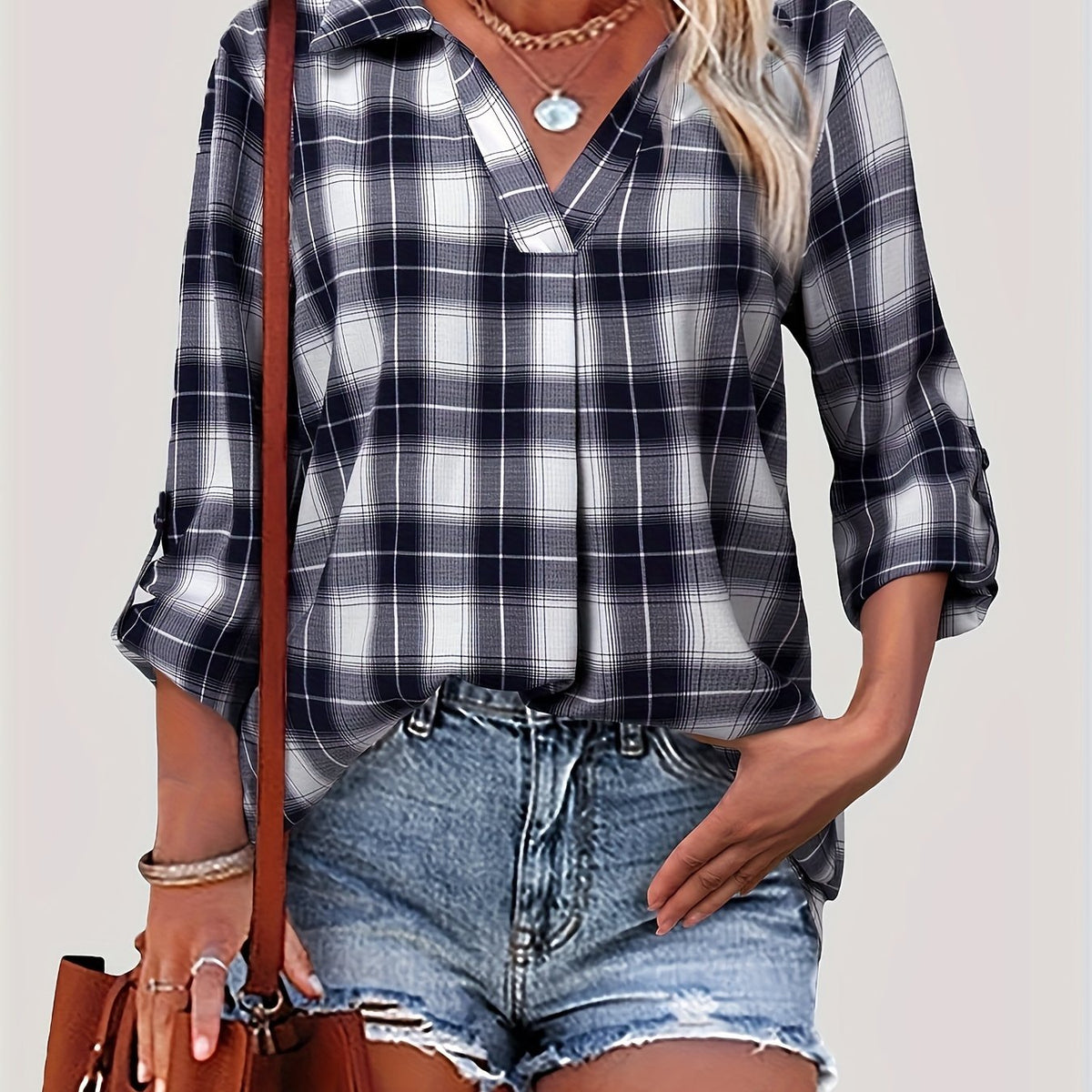  Plaid Print Roll Up Long Sleeve V Neck Blouse