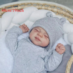 19in Asleep Boy Reborn Doll, Hand Drawn Hair, Light Beige 3D Paint
