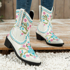 Women's Floral Embroidered Short Boots V Cut Slip On Cowgirl Boots