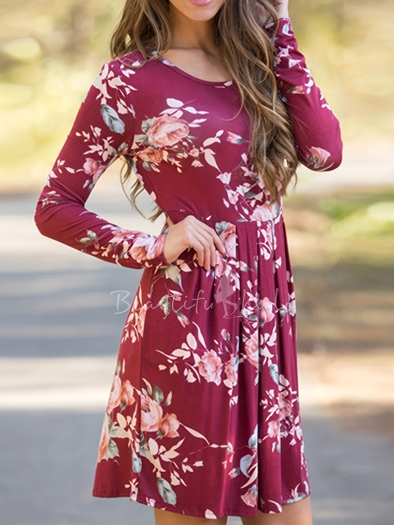  Floral Print Long Sleeve Ruched Dress
