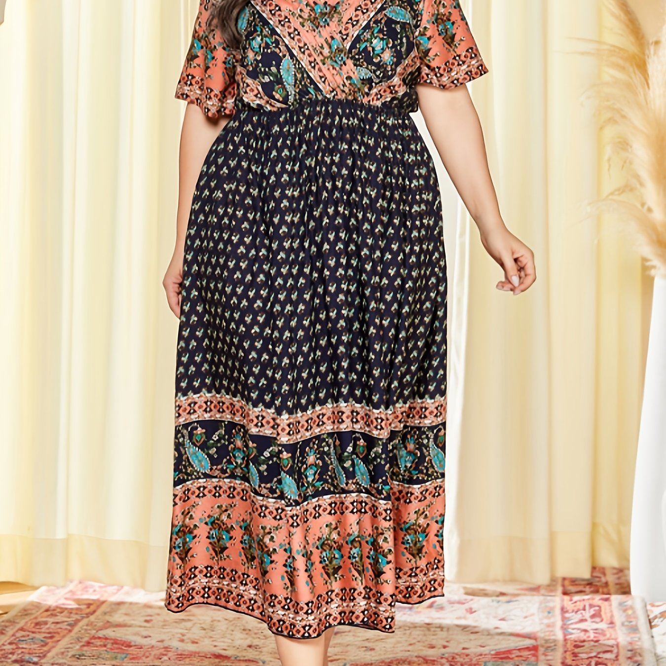  Paisley Floral Print V Neck Maxi Kaftan Dress