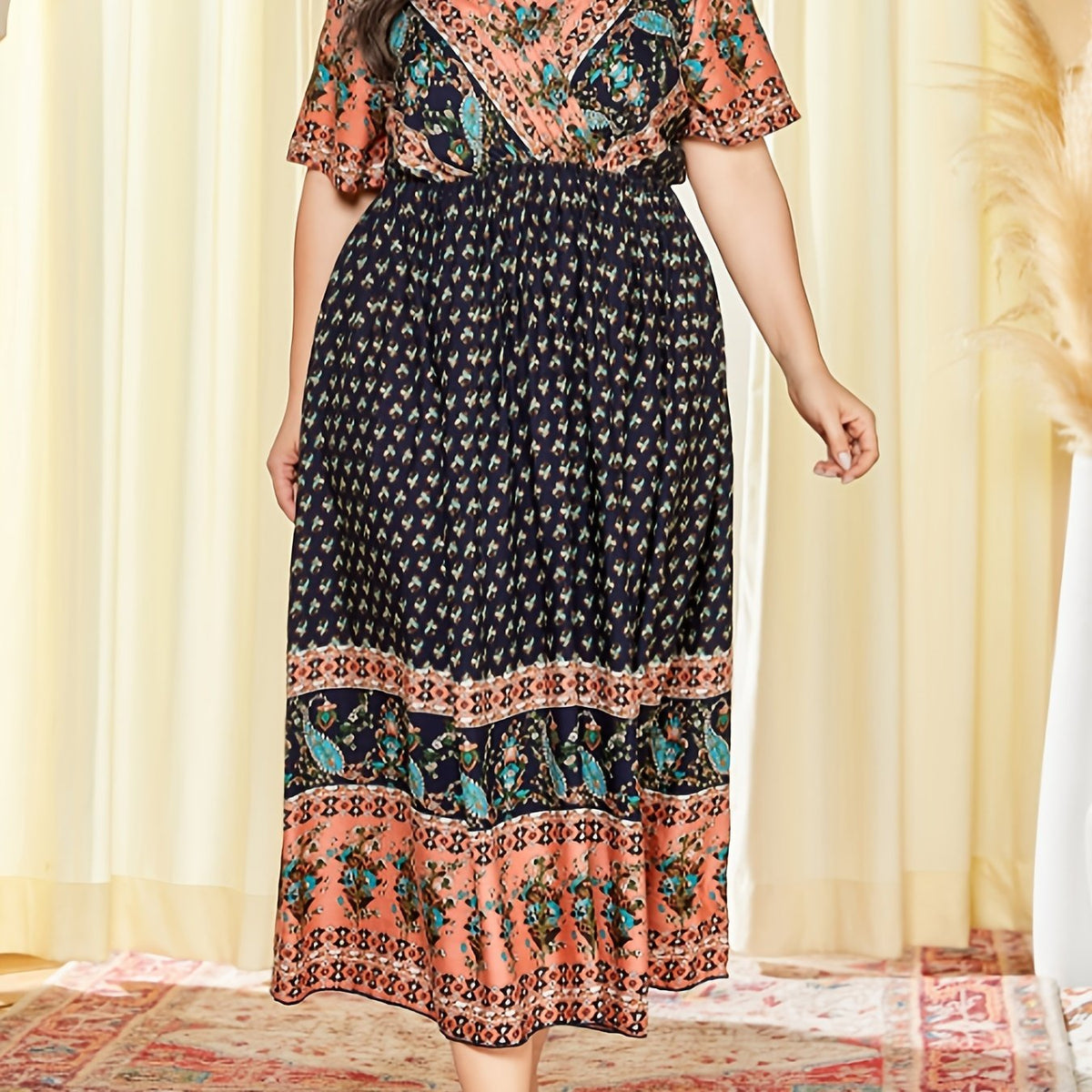  Paisley Floral Print V Neck Maxi Kaftan Dress