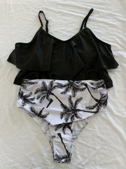Palm Tree Print Bikini Set High Waist Two Piece Swimsuit Women's Swimwear