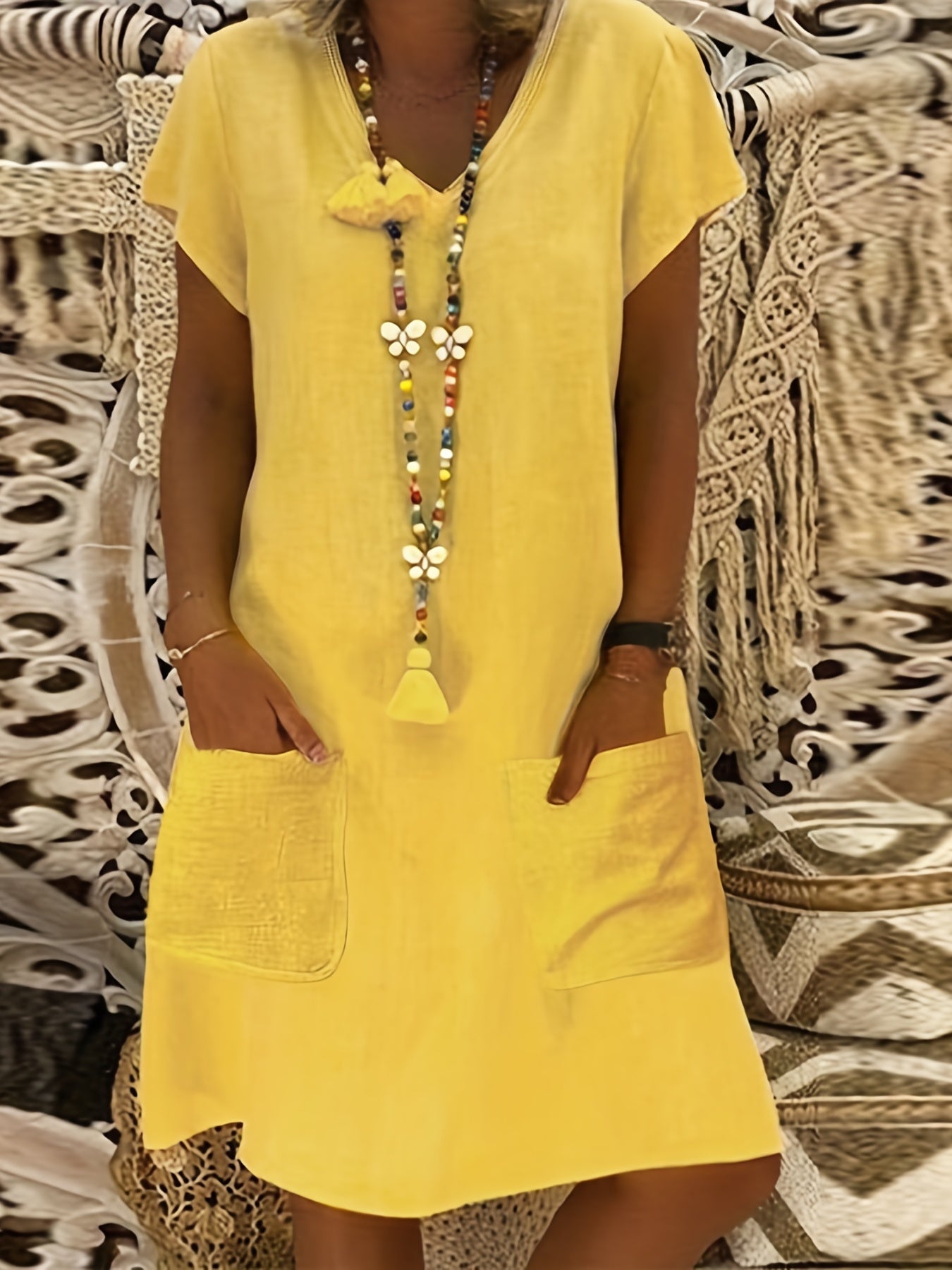  Casual Dress Women's Plus V Neck Short Sleeve Dress With Pockets
