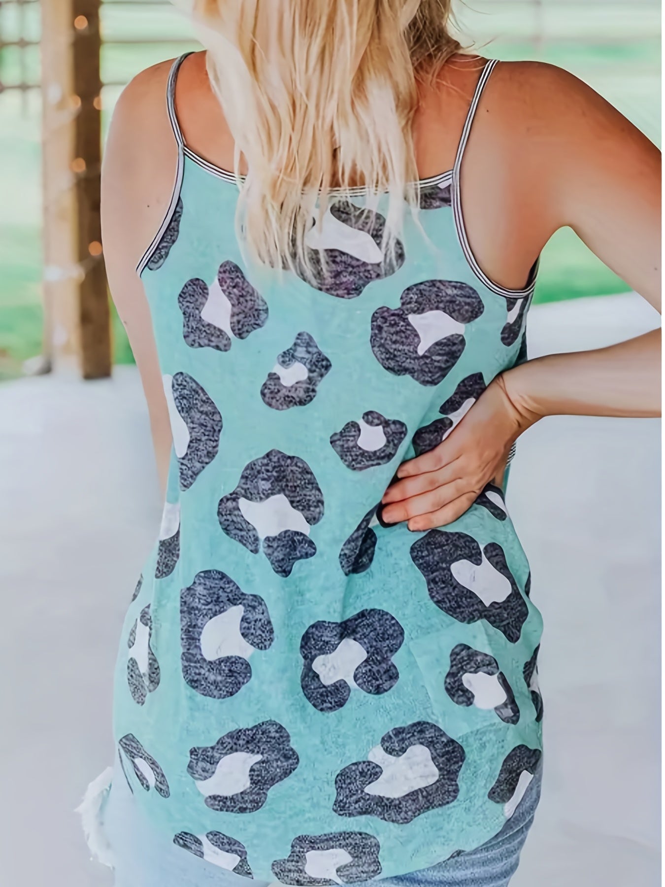 Stripe & Leopard Print Cross Front Cami Top V Neck Spaghetti Strap Summer Top