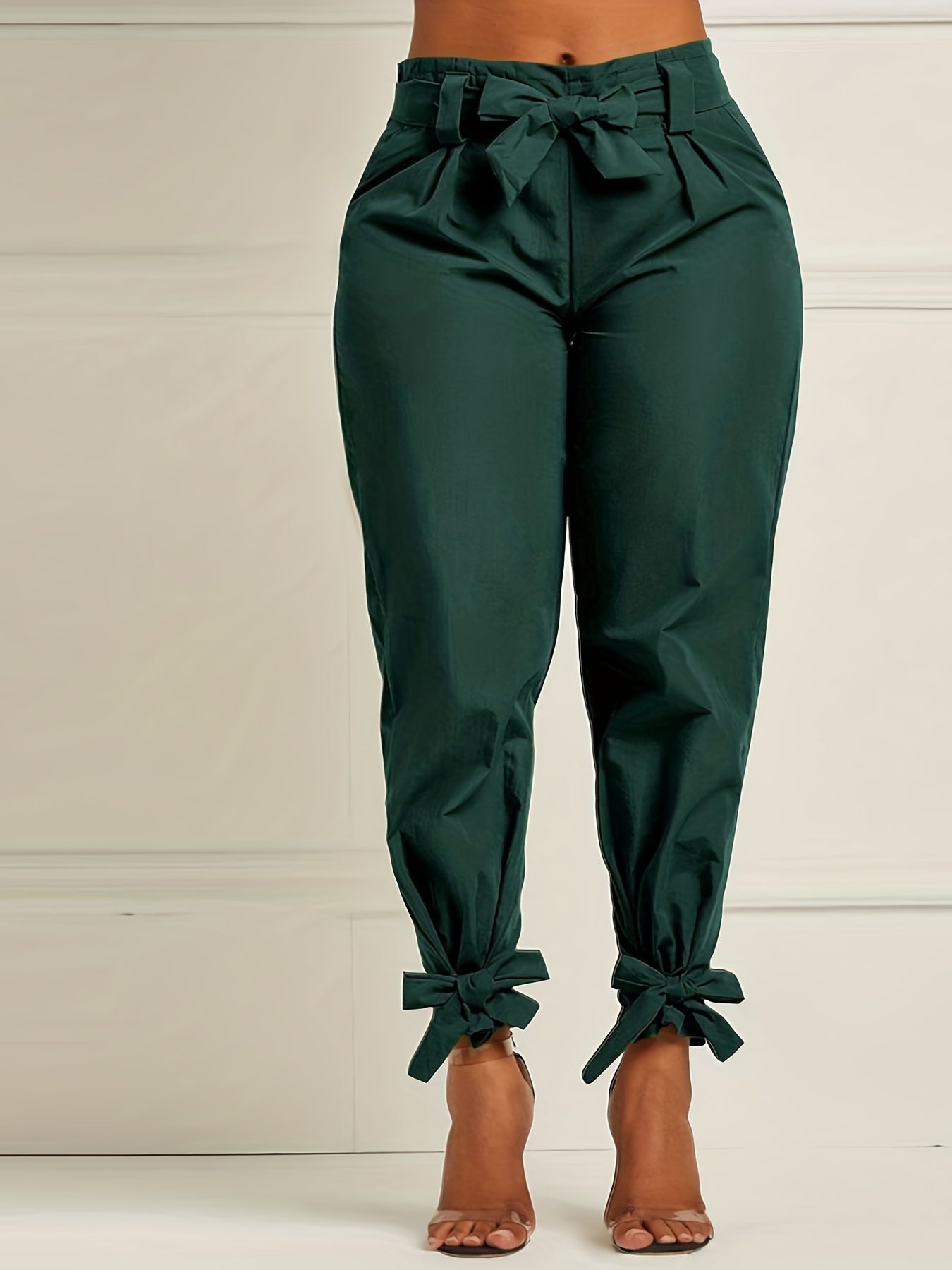Plus Size Bow Knot Tapered Leg Elastic Pants With Belt
