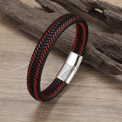 Men's Red Leather Braided Bracelet Magnetic Buckle