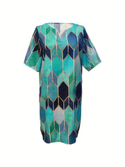  Geometric Print Short Sleeve Notched Neck Dress