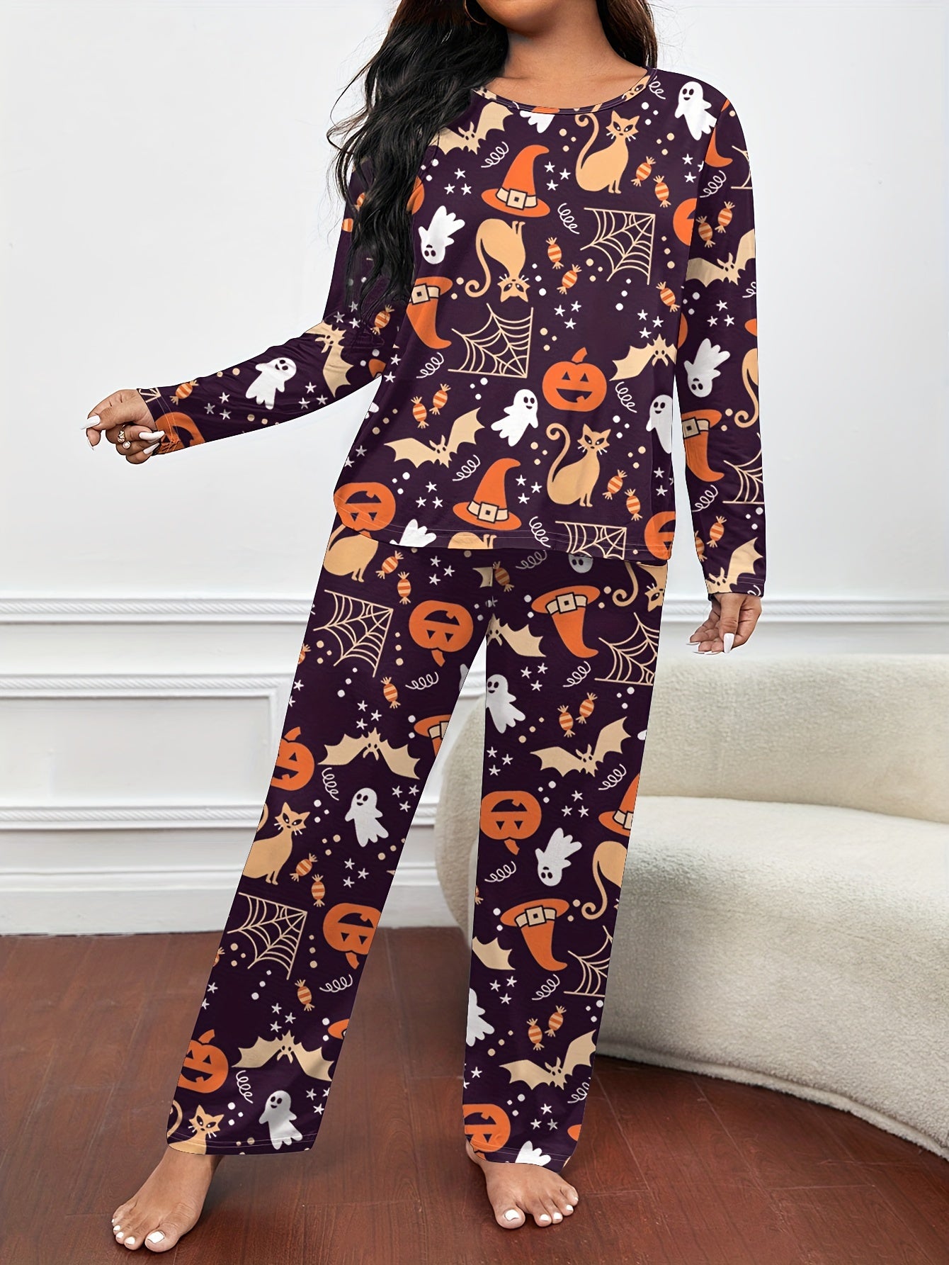  Halloween Pajamas Set Allover Halloween Graphic Tee & Pants Lounge Set
