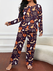  Halloween Pajamas Set Allover Halloween Graphic Tee & Pants Lounge Set