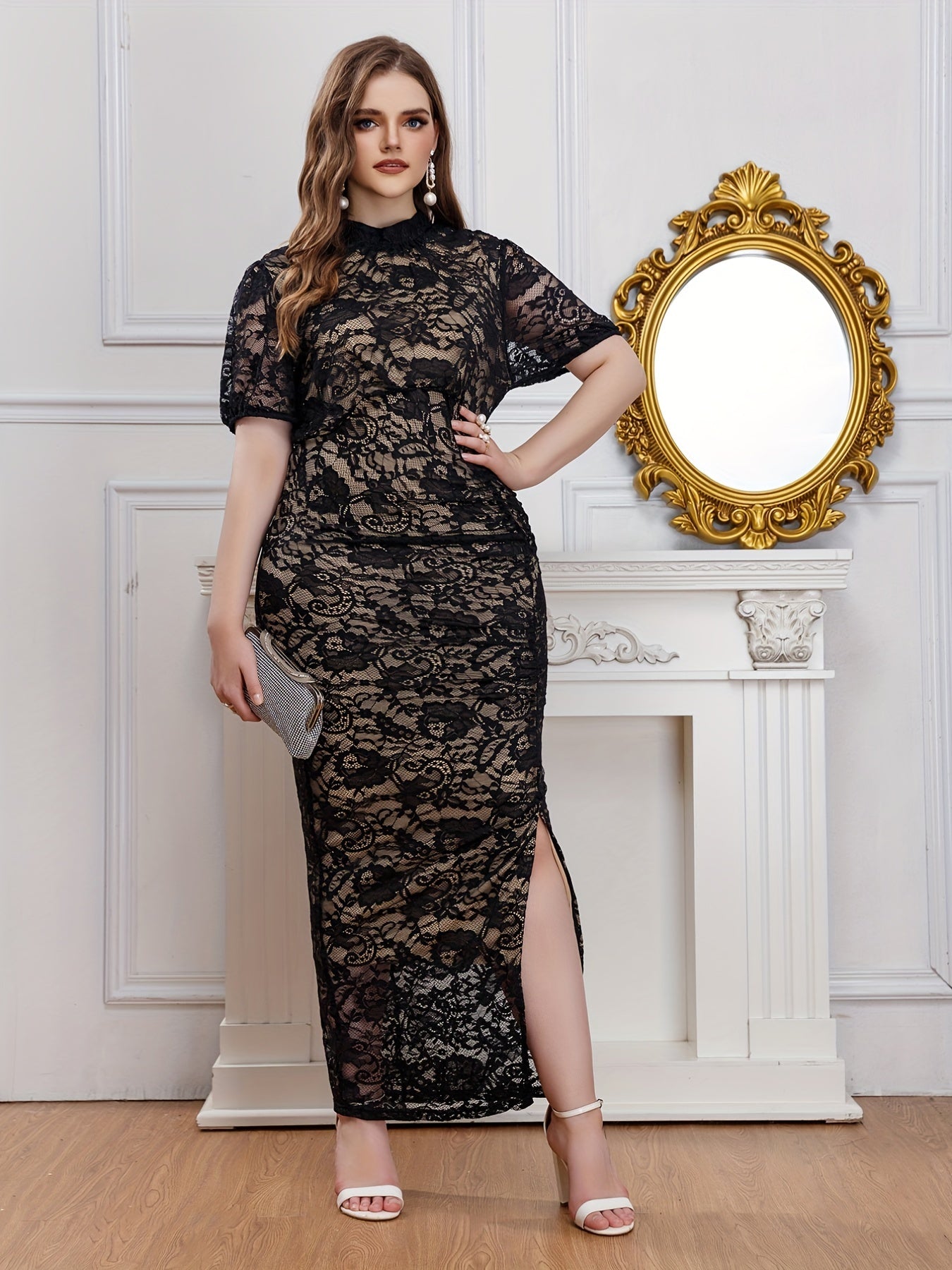  Contrast Lace Puff Sleeve Maxi Dress