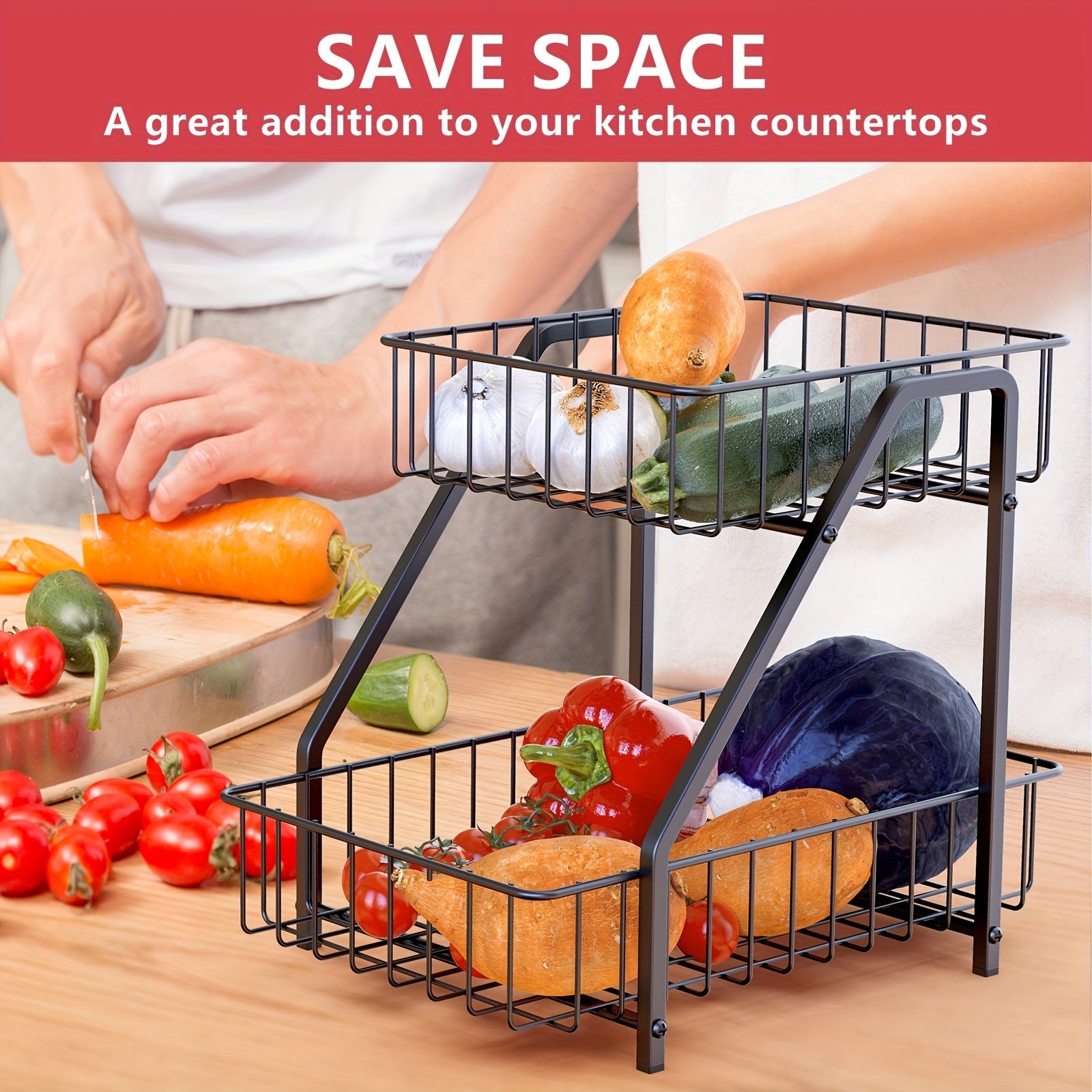 2 Tier Countertop Fruit Basket Bowl Metal Wire Storage Basket