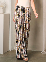  Stripe & Chain Print High Rise Flared Leg Trousers