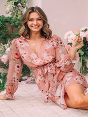 Floral Lantern Sleeve Wrap Dress Plus Size