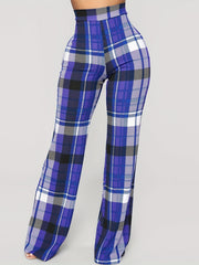  Boho Pants Women's Wide Leg Straight Plaid Print Elastic Waist