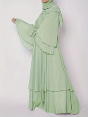  Mesh Bell Sleeve Layered Maxi Abaya Dress & Hijab 2pcs Set