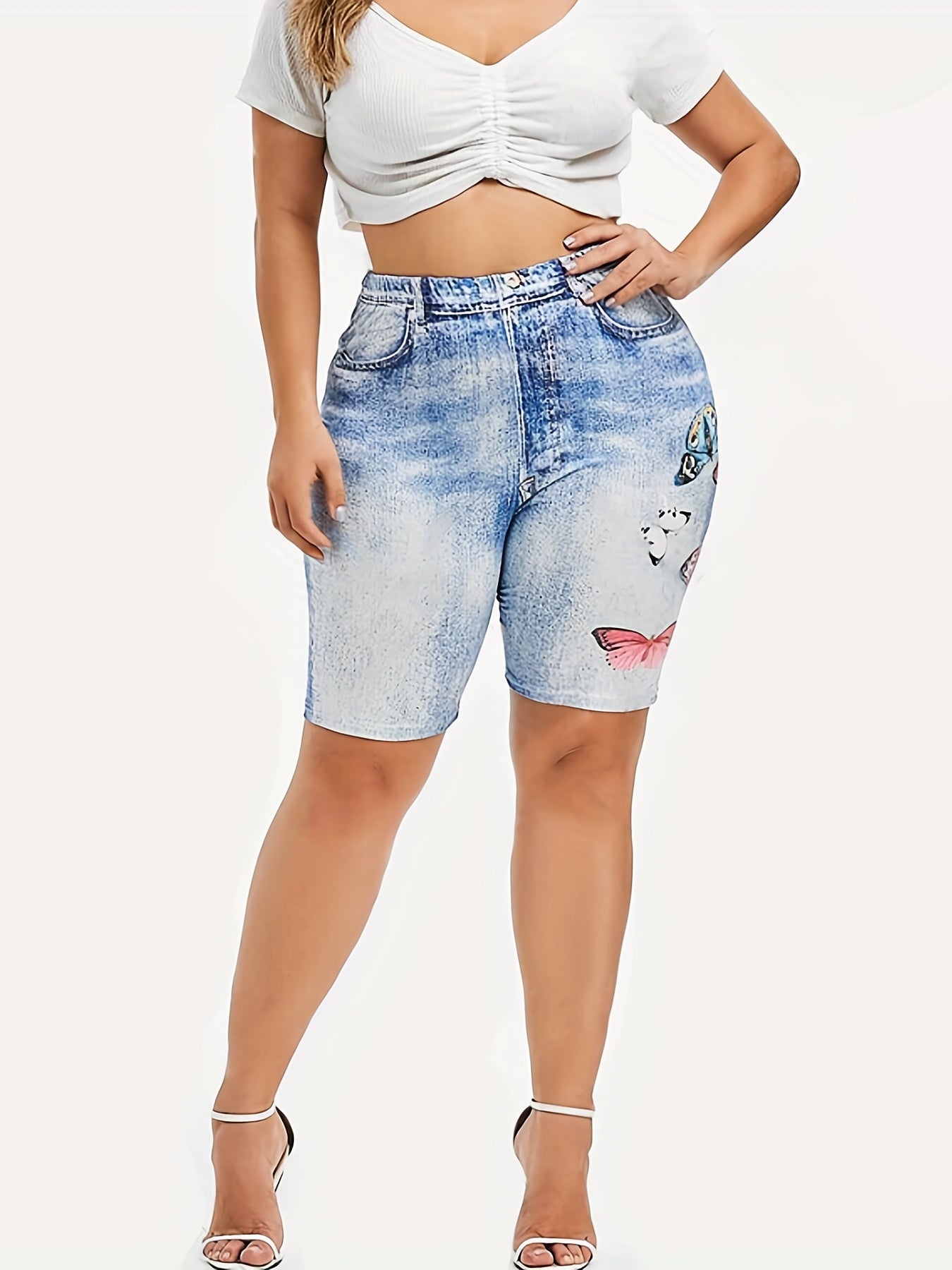  Denim & Butterfly Print High Rise Skinny Shorts