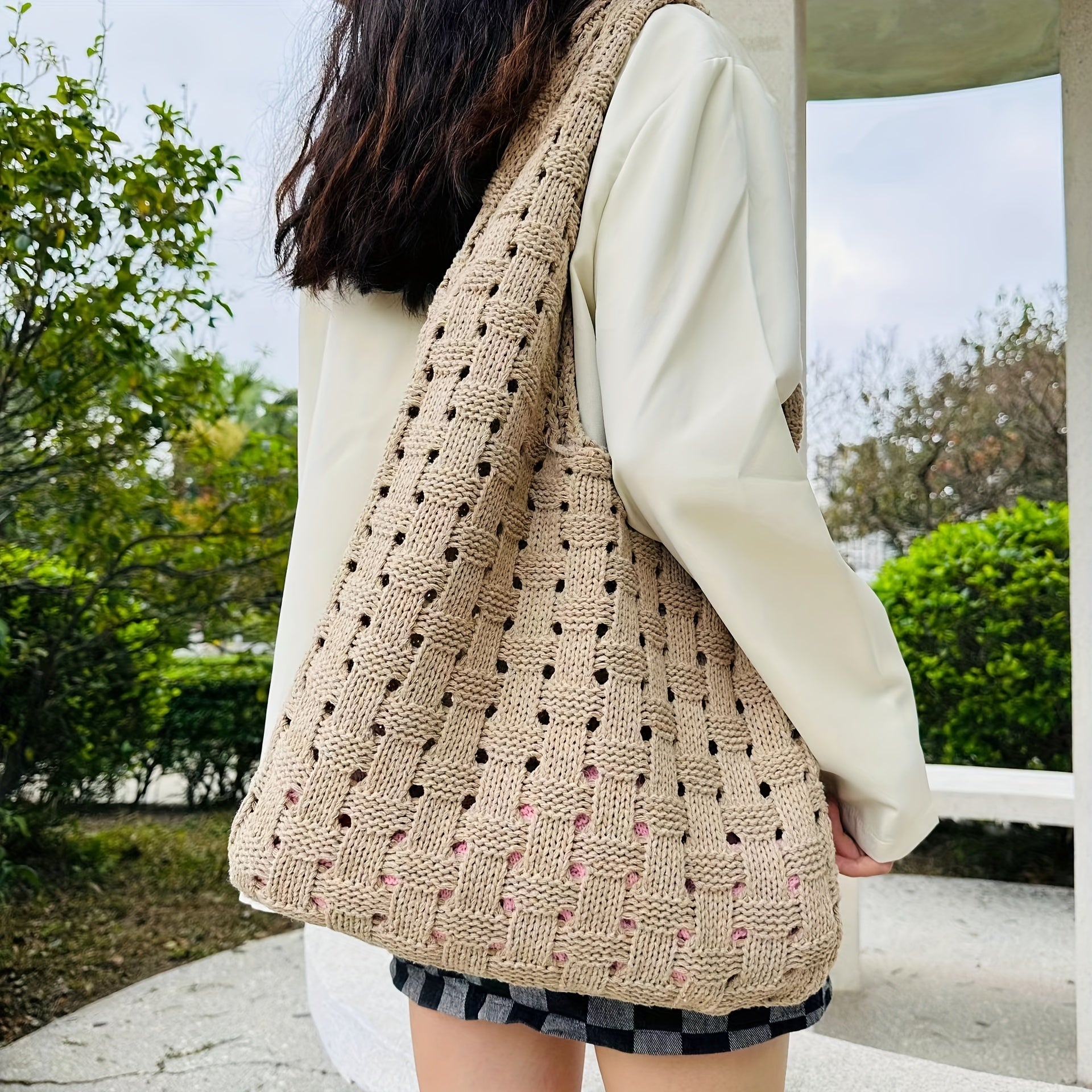 Solid Knitted Shoulder Bag Portable Shopping Bag