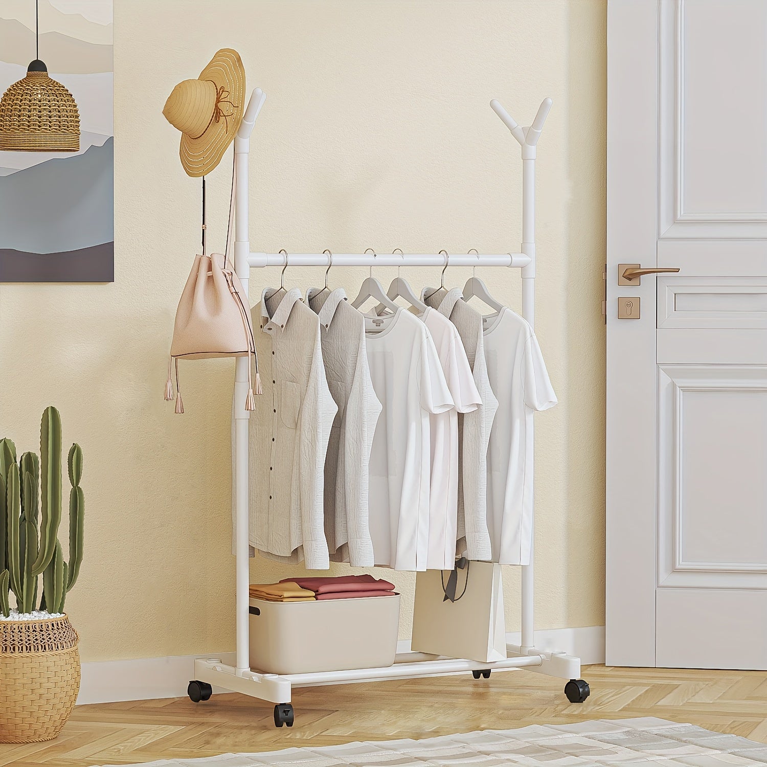 Double Pole Clothes Rack with Pulley 2 Layer Coat Rack