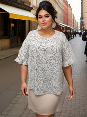  Dot Print Ruffle Trim Blouse Short Sleeve Top