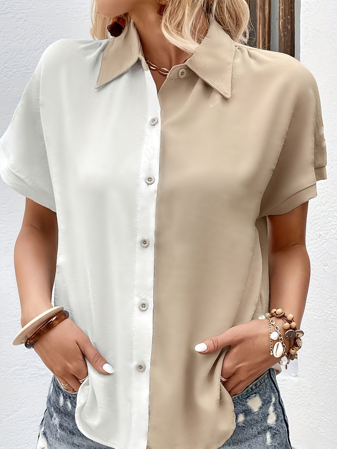  Colorblock Short Sleeve Button Up Blouse